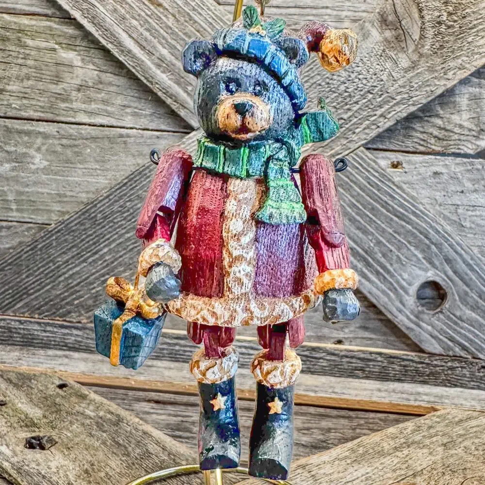 Pair of Vintage Woodlook Ornaments-Santa Bear and Christmas Penguin-Original Box